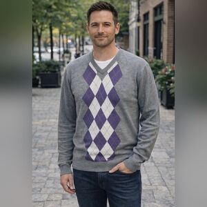 EUC Jos. A. Bank V-Neck Sweater with Purple Argyle (0171)